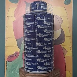 NWOT CHINOISERIE BLUE & WHITE FISH GINGER JAR